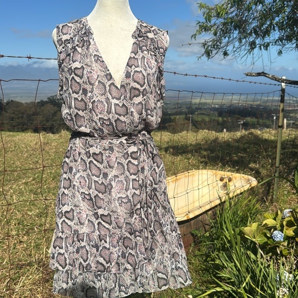 All Saints Priya Misra Snakeskin Ruffle Chiffon Sleeveless Wrap Mini Dress Small - Picture 8 of 9
